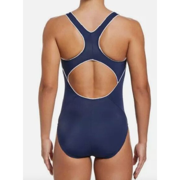 Nike Womens Racerback Swimsuit One-Piece Navy Blue With White Trim - Picture 2 of 10